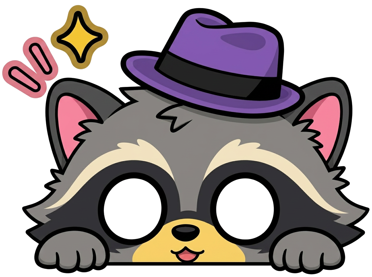Jarby the raccoon peeking with a hat